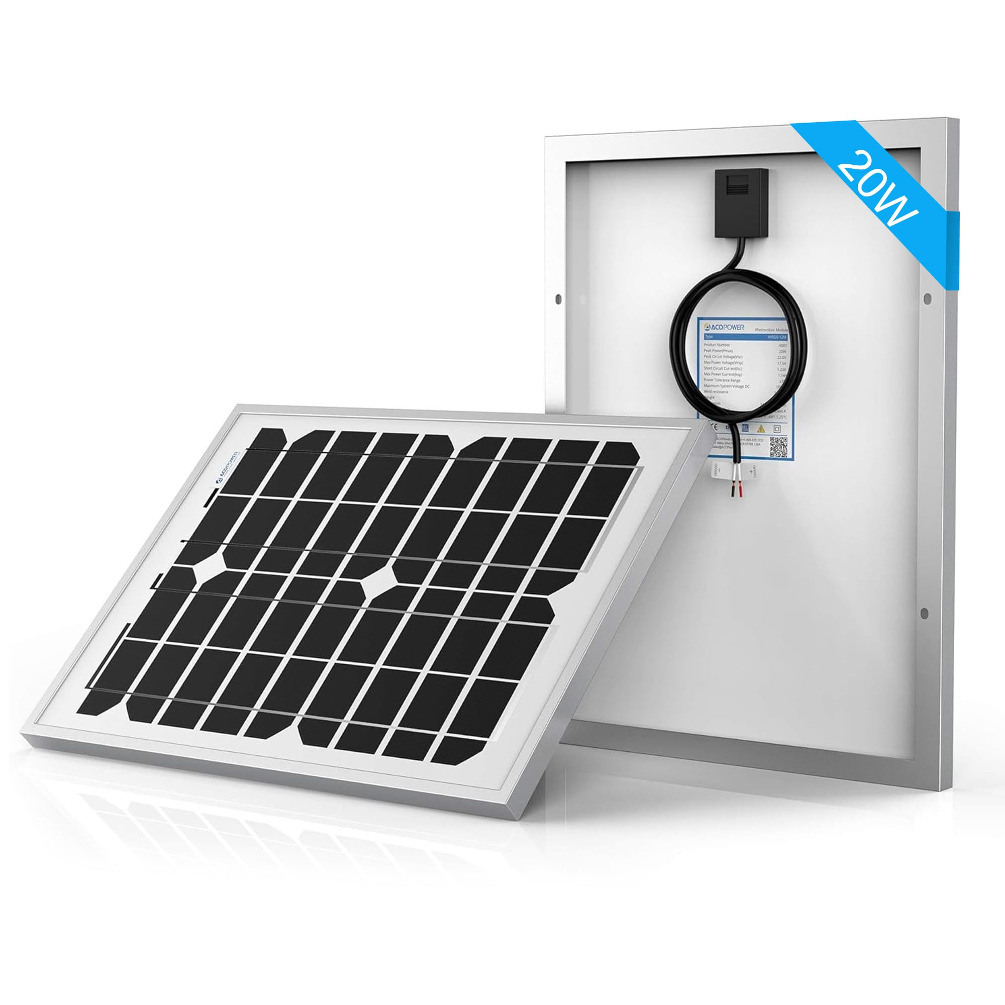 ACOPOWER® 20 Watt Mono Solar Panel for 12v Battery Charging, Off Grid