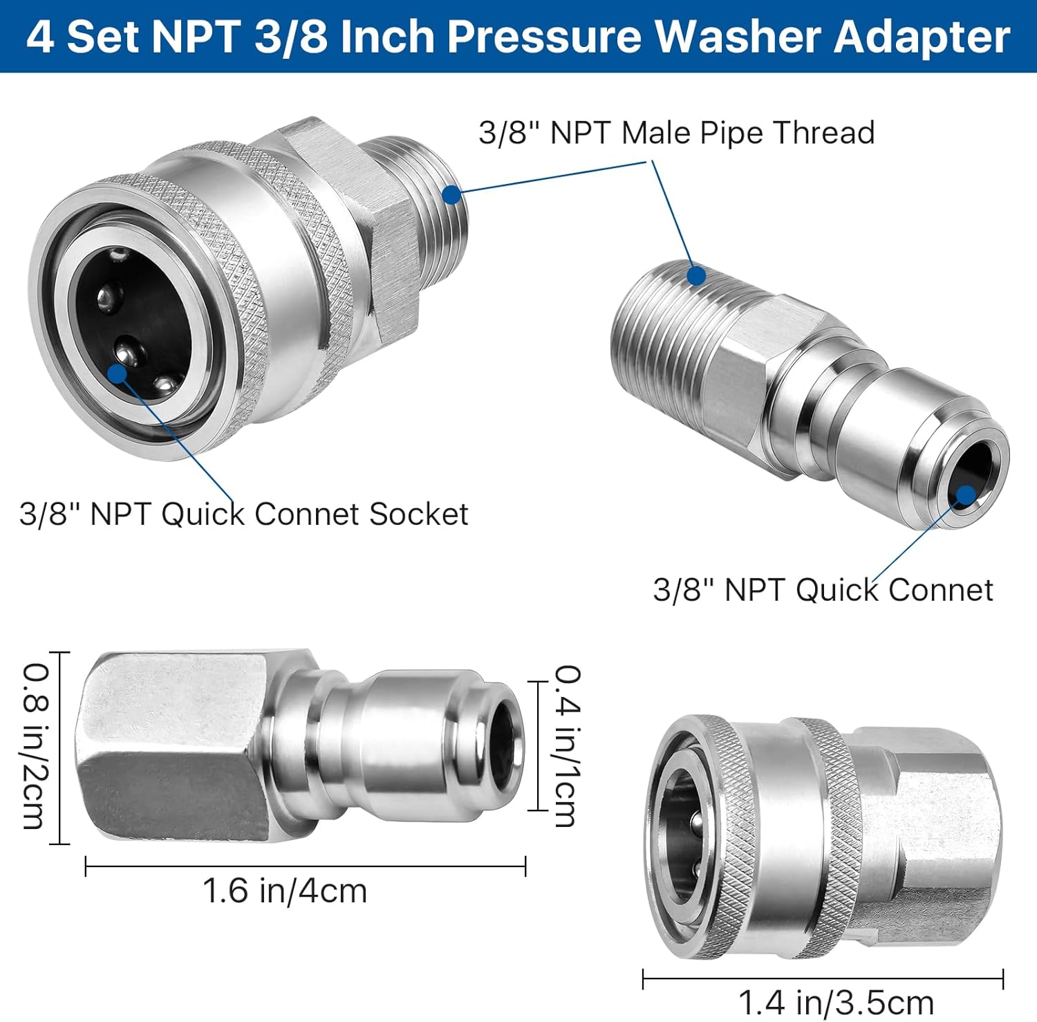 4 Set NPT 3/8 Inch Pressure Washer Coupler, Quick Connect Fittings, Stainless Steel Male and Female Quick Connect, Pressure Washer Adapter Set (Internal Thread and External Thread)