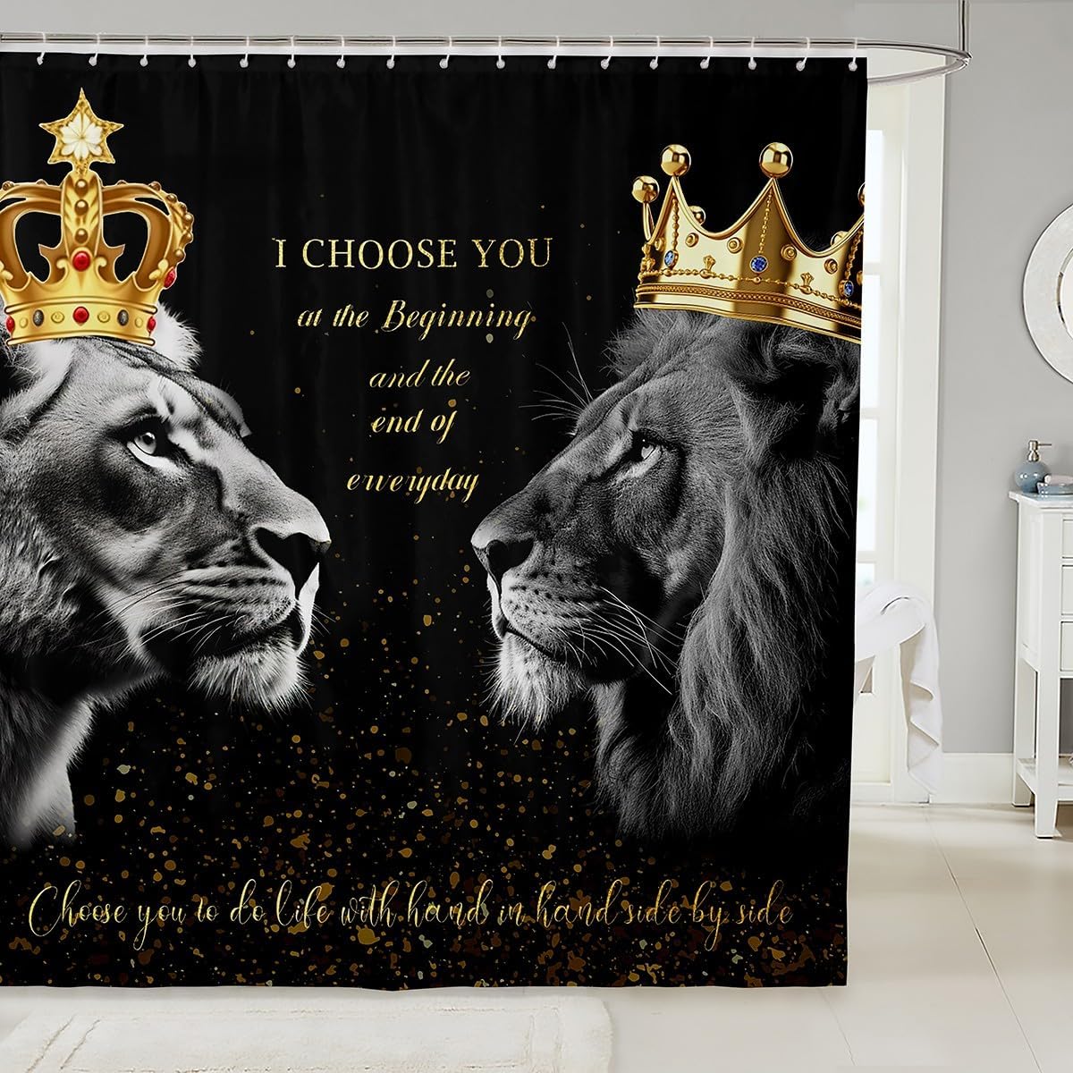 Couple Lion Shower Curtain,Africa Wild Animals Bathroom Curtain,Valentine's Day Themed Quotes Waterproof Curtain for Teens Women Men Adult Room Decor,Black Gold Glitter Luxury Bath Curtain