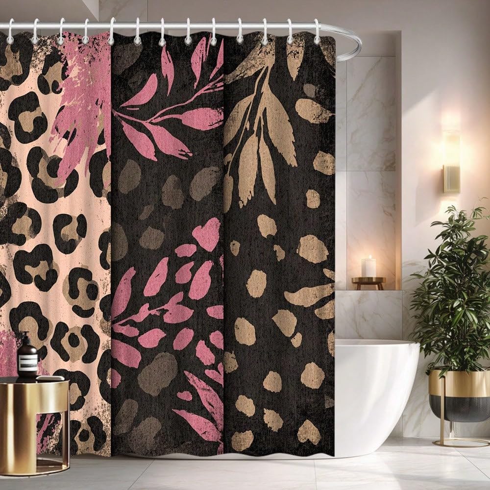 awitufhgp Leopard Print Decor Shower Curtain With Pink And Beige Floral Design for Modern Bathroom Decor, Bathtub Partition With Hooks(145x220cm/57x87in(WxH))
