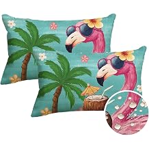AVOIN colorlife Summer Flamingo Coconut Juice Waterproof Throw Pillow Covers, 12 x 20 Inch Tree Flowers Seasonal Holiday Party Cushion Case Decoration for Sofa Couch Set of 2