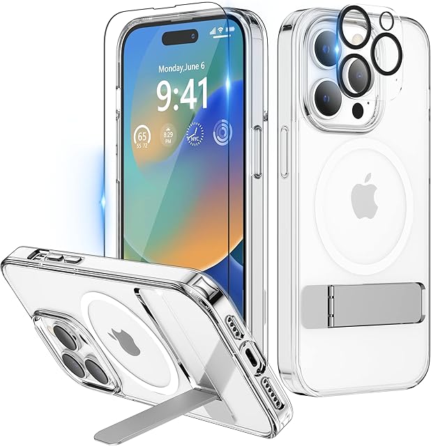 Niunisi Magnetic Case for iPhone 14 Pro Max Case 6.7-Inch (2022), Slim Kickstand with Screen Protector Compatible with Magsafe Shockproof Crystal Clear Cases Phone Case Cover, Clear