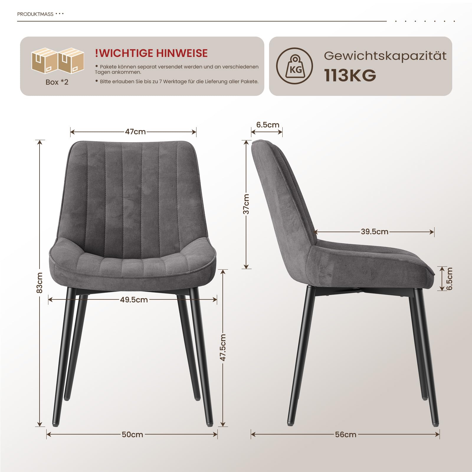 COLAMY Samt Esszimmerstühle 4er Set – Gepolsterte Stühle für Esszimmer & Küche mit Metallbeinen, Dickem Sitzpolster & Rutschfesten Füßen, Grau