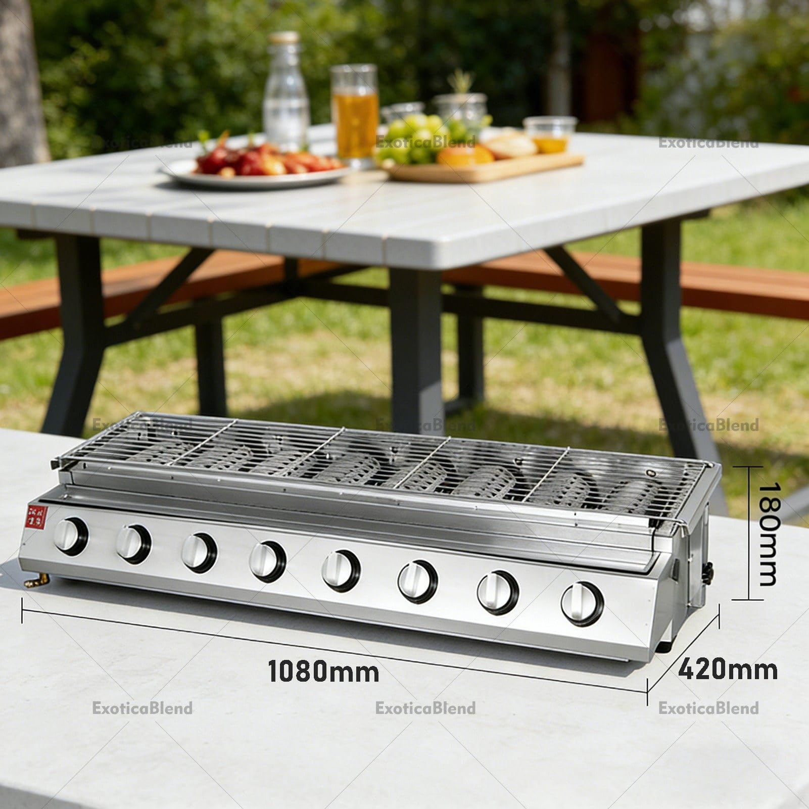 Griglia a Gas, Barbecue in Acciaio Inox con Altezza Regolabile, per Cucinare all'Aperto, Campeggio, Picnic e Giardino, Design da Tavolo 8-Burner