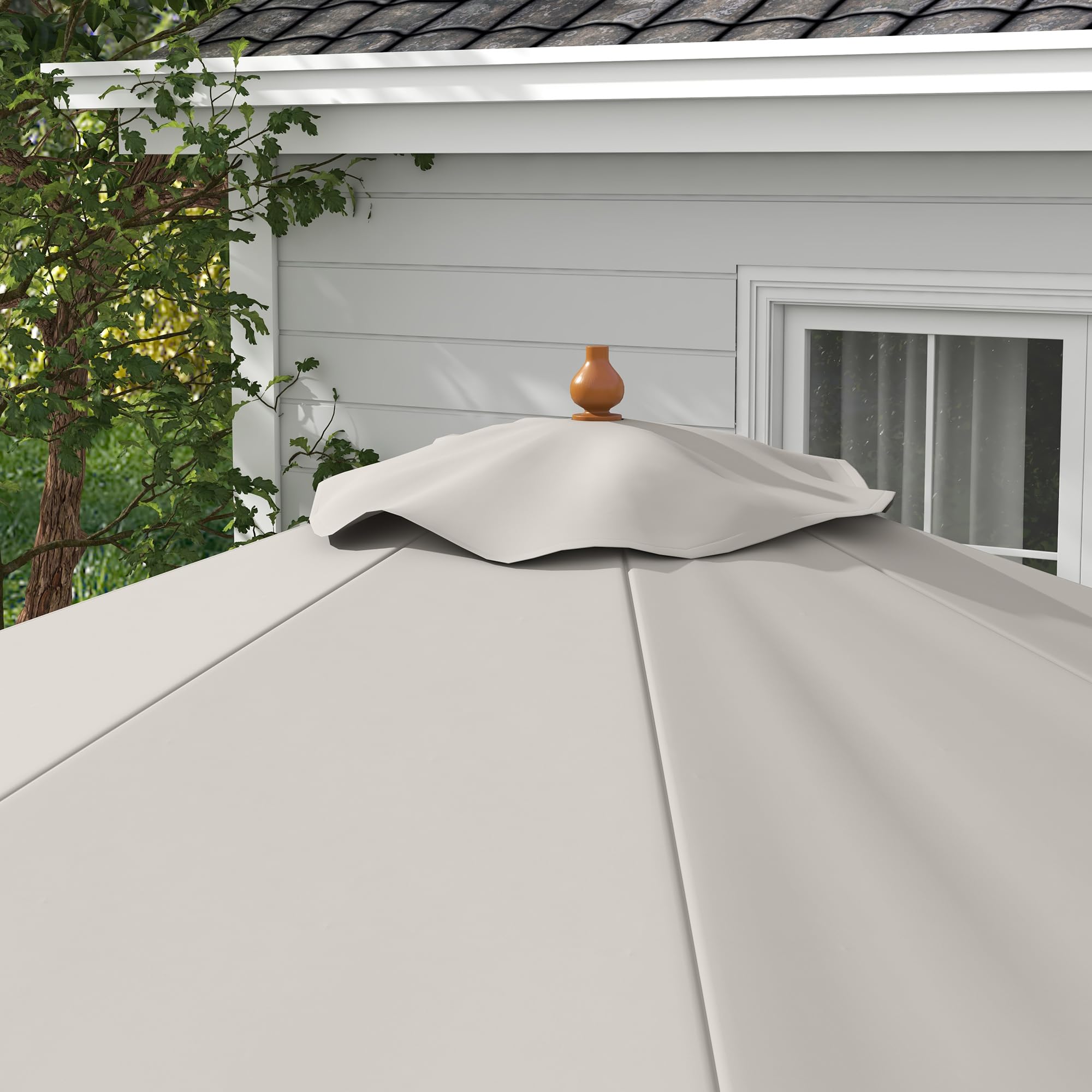 Outsunny Sombrilla Terraza Exterior Ø325 cm Sombrilla de Jardín con Sistema de Polea Techo Ventilado 8 Varillas de Bambú y Poste de Madera Parasol para Patio Terraza