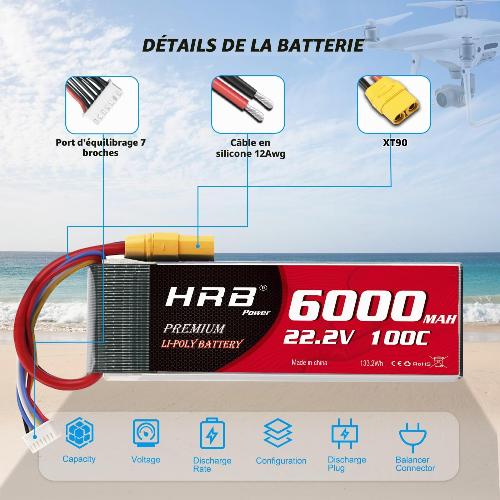 HRB 6S 6000 mAh 100 C Batterie LiPo XT90 22,2 V - Batterie LiPo RC Compatible avec hélicoptère RC, avion, voiture, bateau, camion - 2 pièces