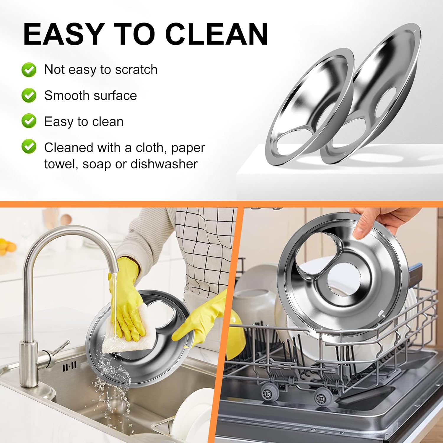 8PCS Electric Stove Drip Pans, Chrome Stove Burner Drip Pan for Whirlpool Amana Maytag Magic-Chef Kenmore Electric Range with Locking Slot, Includes Silver 4PCS 6Inch and 4PCS 8Inch Drip Bowls