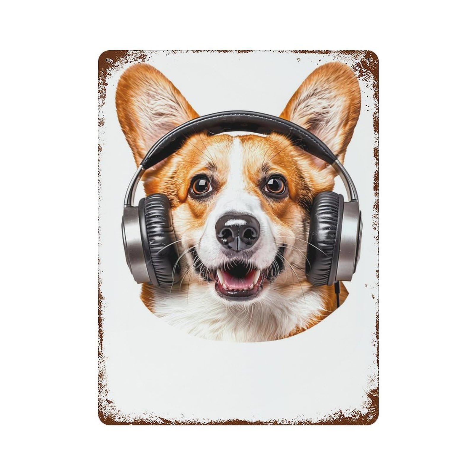 Welsh Corgi Headphones Rusty Metal Tin Sign 15.7"x11.8", Ideal for Patio, Garden Room And Bar Decor