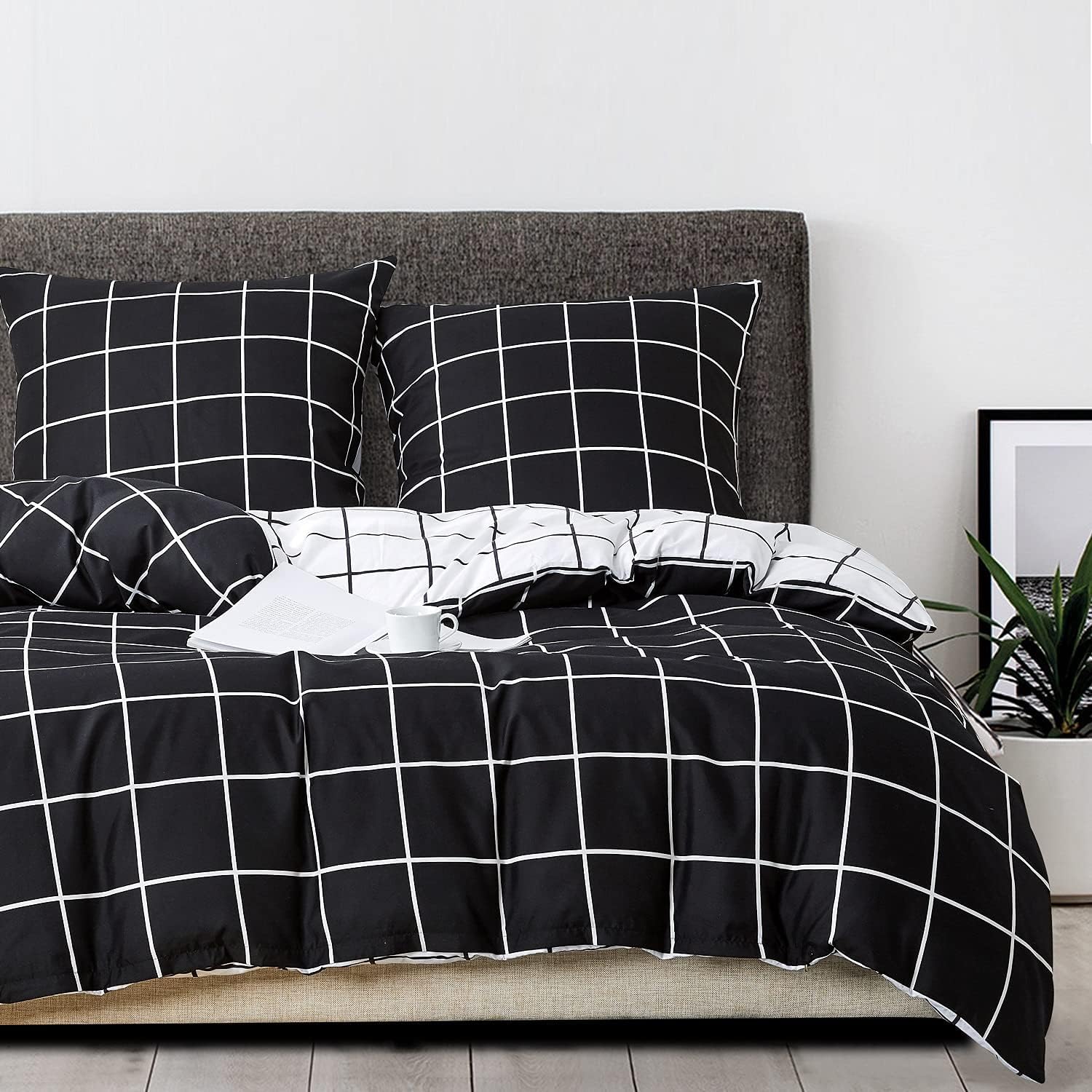 Juego de Funda Nordica Cama 135/150 Negro Blanco 240x220 Transpirable Suave Moderno Juego de Funda de Edredón y Fundas Almohada (50x75cm)