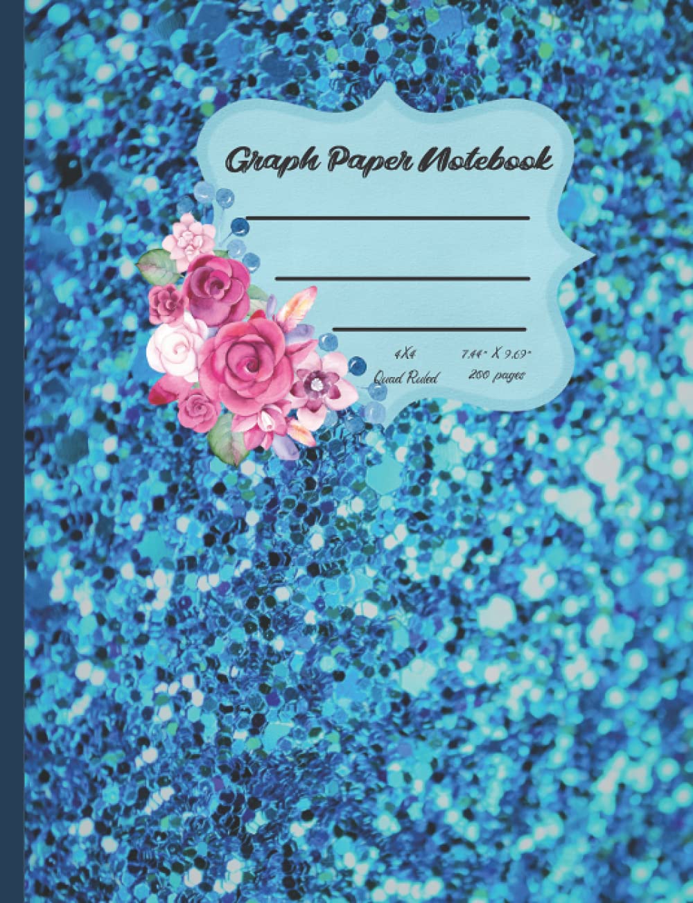 Graph Paper Notebook- Blue Glitter: Math Grid, Quad Ruled, 4 Square Per Inch (4X4), 200 Pages(100 Sheets)