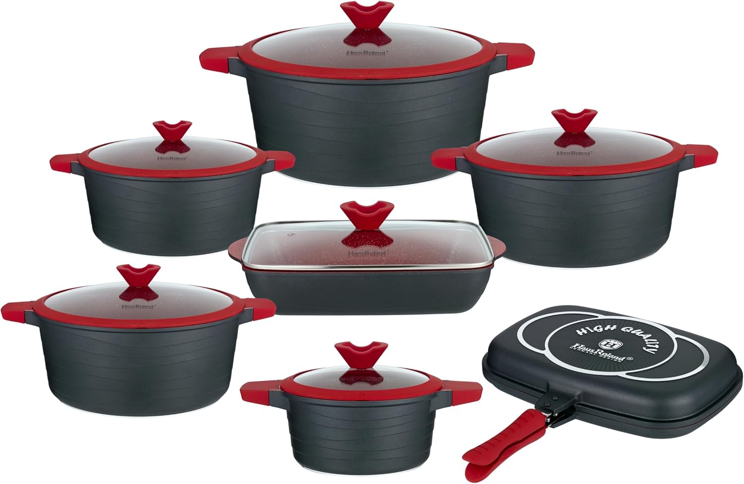 Lorren Home Trends Die-Cast Aluminum Cookware Set, 14 Piece, Non-Stick, Induction Compatible, Red