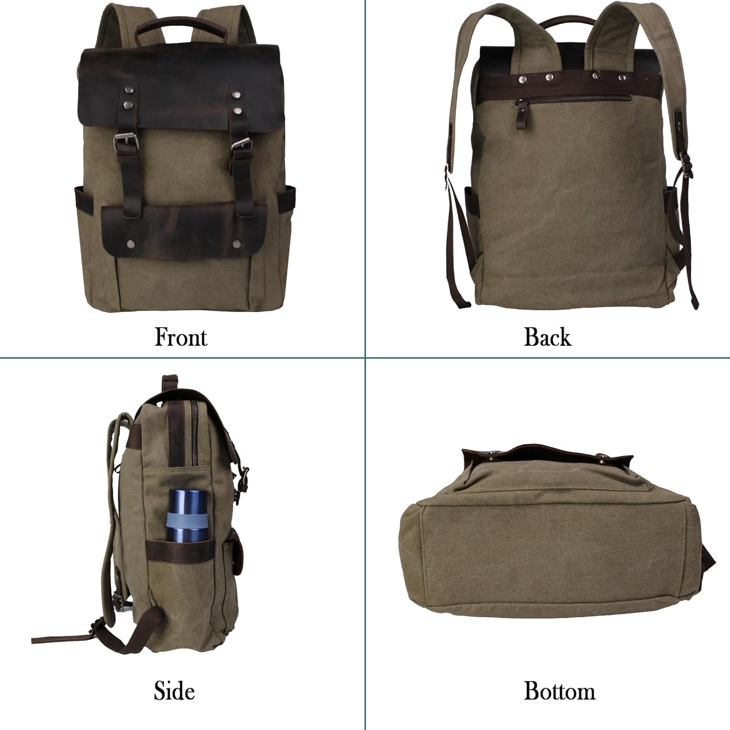 Vintage Canvas with Top-Grain Cowhide Leather Backpack, Work Bag for 16-Inch Laptops, Men and Women's Travel Backpack (064-Army Green) - Image 4