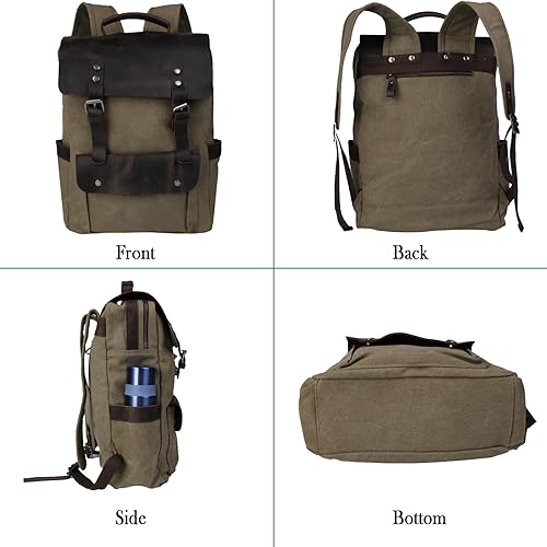 Miniatura 3 de Mochila de lona vintage con cuero de vaca de grano superior, bolsa de trabajo para portátiles de 16 pulgadas, Verde militar, Mochilas de viaje