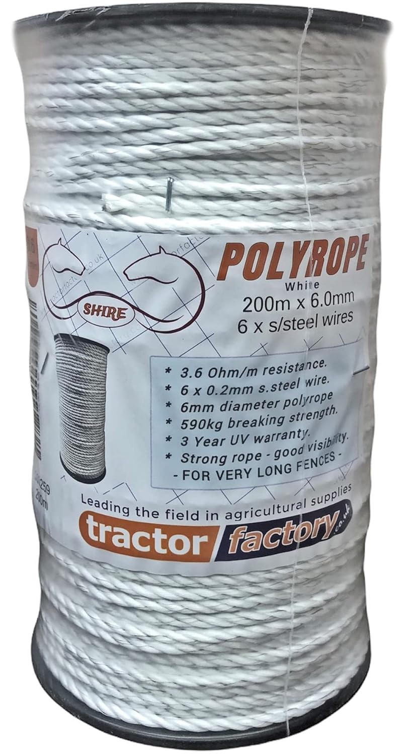 Shire PREMIUM WHITE POLYROPE Electric Fence Rope. 200m x 6mm, 6 x 0.2mm