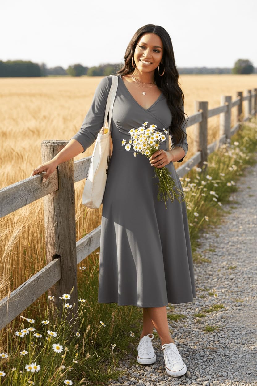 Nmoder Women's Casual Wrap Flared Midi Dress Wedding Guest Cocktail Tea Dresses A-Line Swing V-Neck 3/4 Sleeve - Image 2