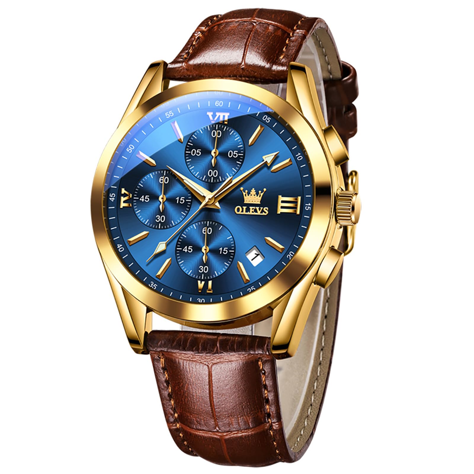 OLEVS Uhren Herren Chronograph Quarzuhr mit Lederarmband und Datum | Multifunktions 30M Wasserdicht Armbanduhr, Mineralglas Leuchtet im Dunkeln Analog Uhren fur Männer