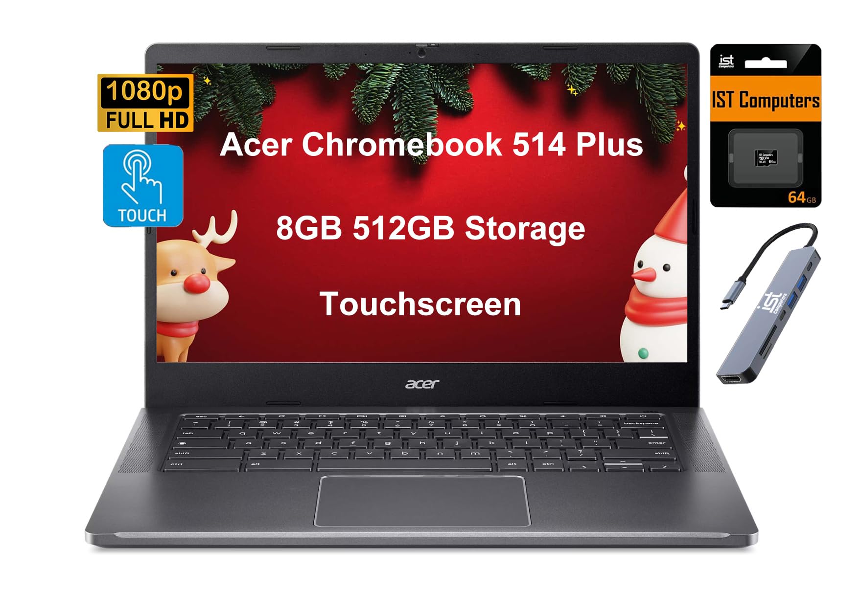 acerChromebook Plus 514 Touchscreen Laptop (14" FHD, Intel 8-Core i3-N305, 8GB RAM, 512GB SSD, 2TB Cloud Storage) Business, Enterprise, Students, 11-Hr Long Battery Life, IST HUB, Webcam, Chrome OS