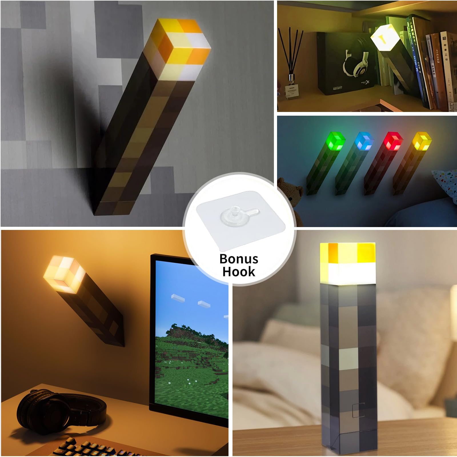 KBIBCK Pixelated Lantern - Luce notturna portatile da parete, 16 colori, con catena, ricaricabile tramite USB, lampada da tavolo e da parete, lampada da comodino per bambini, 3D, per camera da letto
