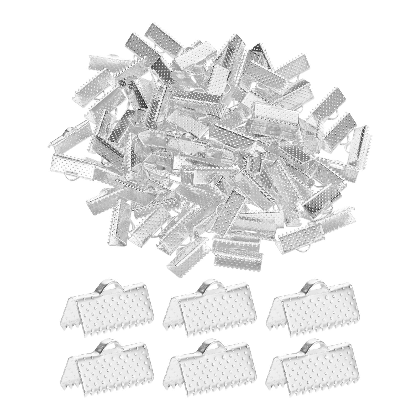M METERXITY 280-Pack Ribbon Ends with Clamps, 0.6in/16mm Metal Bracelet Bookmark Pinch Crimp Clamp Polka Dots for Jewelry Making/Bracelets/Necklaces/DIY, Pinch Cord End Clasps [Silver]