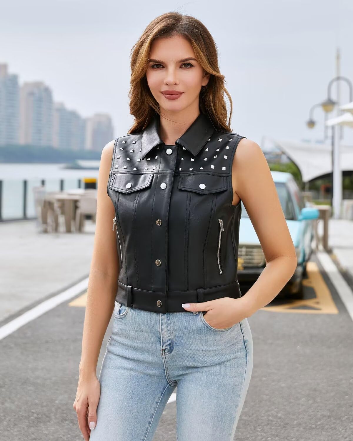 DIASHINY Women Faux Leather Vest Rivet Biker Vest Pu Leather Motorcycle Waistcoat - Image 2