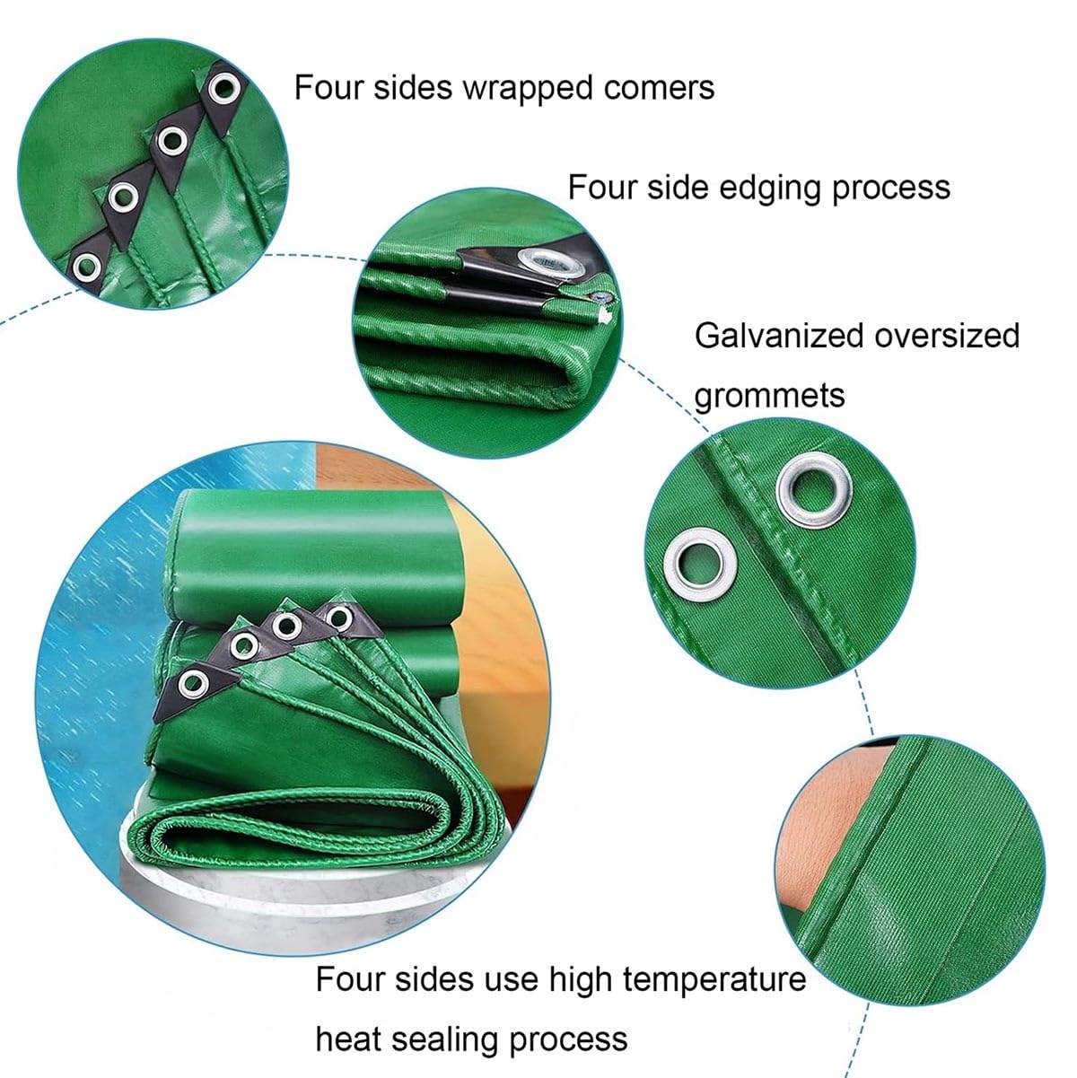 Lona verde impermeable grande con ojales, cubierta protectora multiusos reforzada para invernadero, patio, camping, lona resistente con cuerda y bridas (4,5 x 8,5 m)