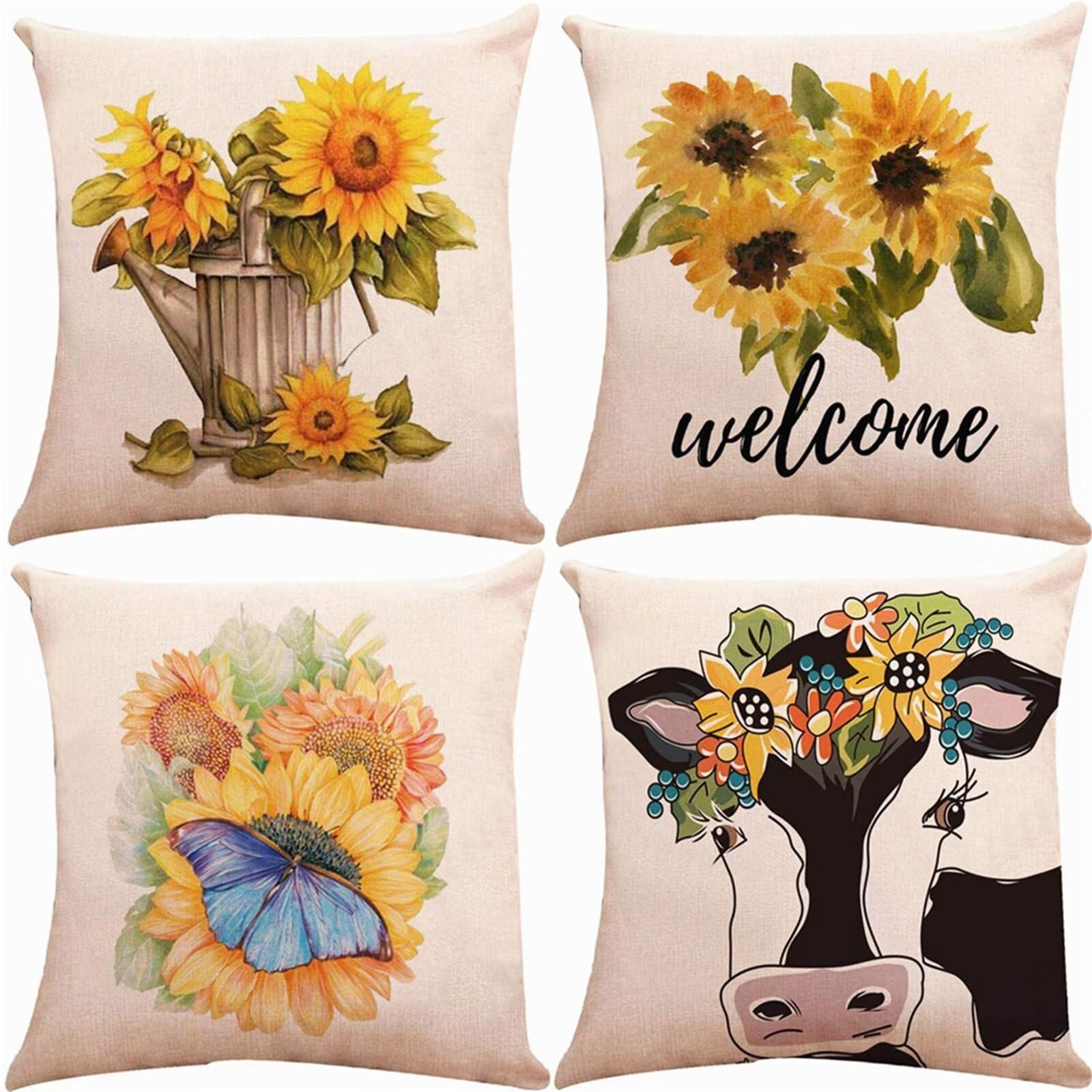 Juego de 4 Impermeable Funda de Cojín Mariposa de girasol,55x55cm Moderno Suave Transpirables Lino Fundas de Almohada Cojines Decorativos con Cremallera Oculta para Exterior Sofá Cama Coche Hogar