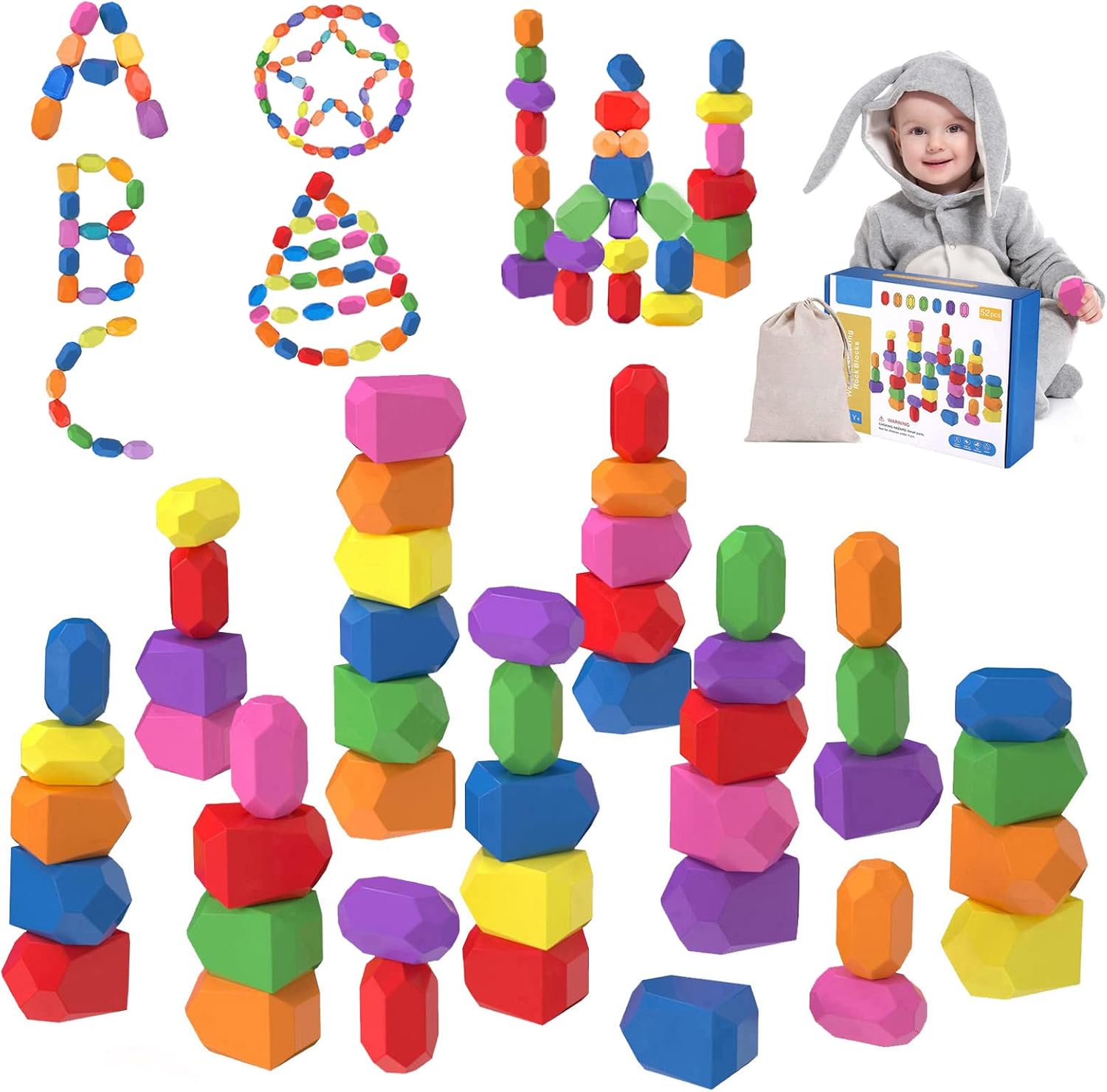 DHinkyoung 52 Pcs Wooden Stacking Rocks Building Stones,Colorful Sorting Blocks Toys