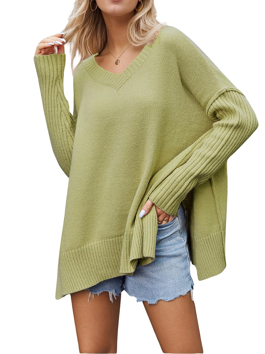 Womens V Neck Oversized Sweaters Long Batwing Sleeve Split Hem Pullover Slouchy Casual Knit Sweater