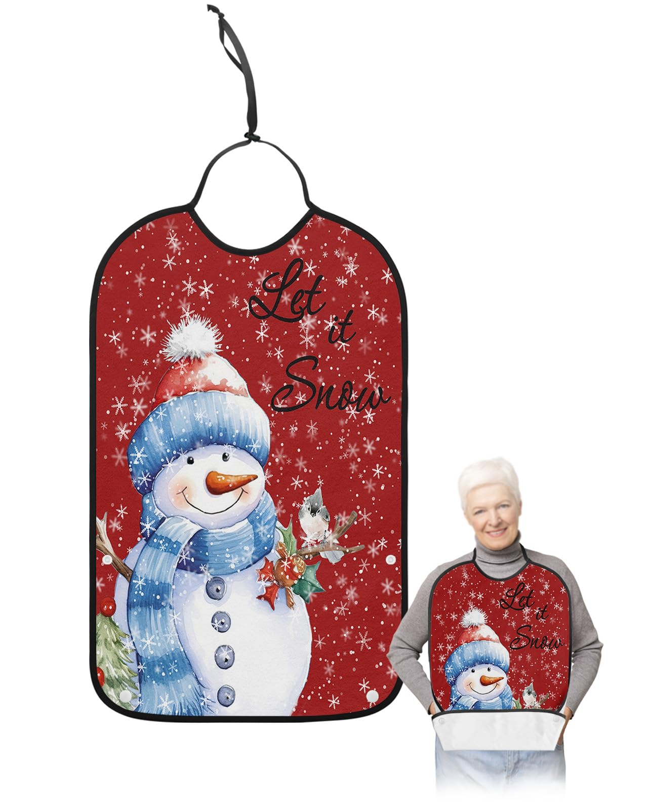Christmas Snowman Adult Bibs for Eating, Waterproof Bibs with Food Catcher & Adjustable Snap Closure, Xmas Birds Winter Snowflake Red Washable Clothing Protectors Adult Bibs for Elderly Women/Men