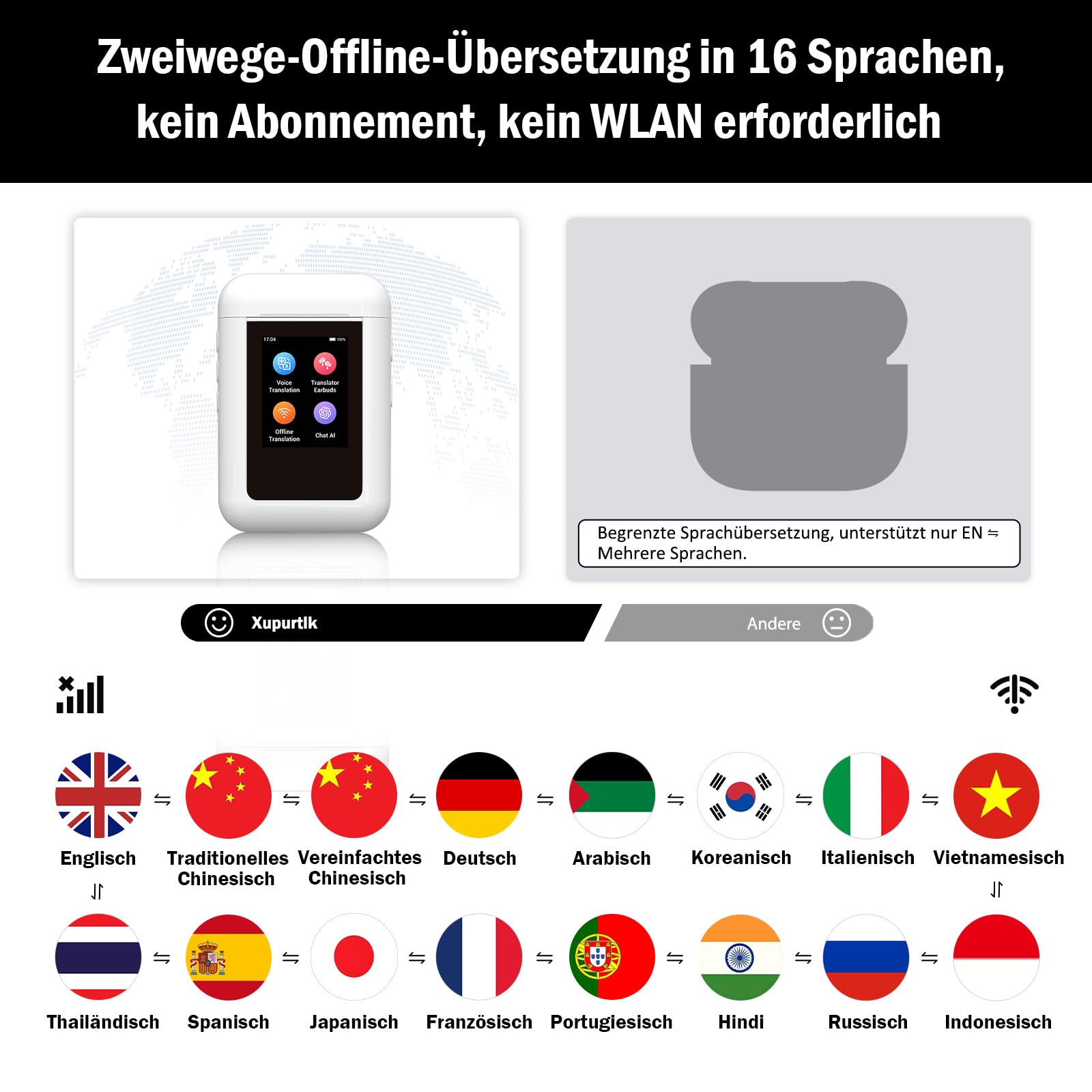 KI 2-in-1 Übersetzer kopfhörer, 16 Sprachen beliebig gegenseitig offline übersetzen ohne App/WLAN, Übersetzer mit 144 Online-Sprachen, A8 Übersetzer für Reisen/Business