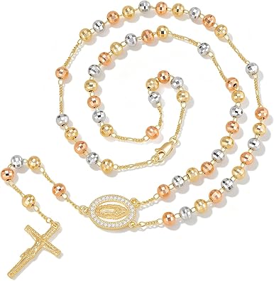 FLHEART Catholic Crucifix Gifts Womens Rosary Y Necklace-14K Gold Plated Silver Virgin Mary Jesus Cross Heart Y Long Chain, Dainty Virgen de Guadalupe Religious Gift Confirmation Baptism Godmother
