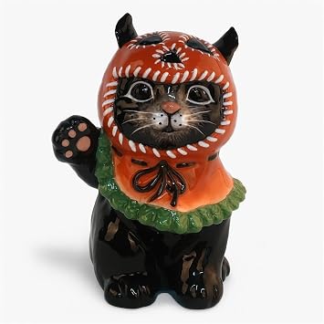 Blue Sky Clayworks Cat with Pumpkinhead Hat Figurine, Ceramic, 6.25" L x 5.75" W x 8.25" H, Waving Black Cat Halloween Accent