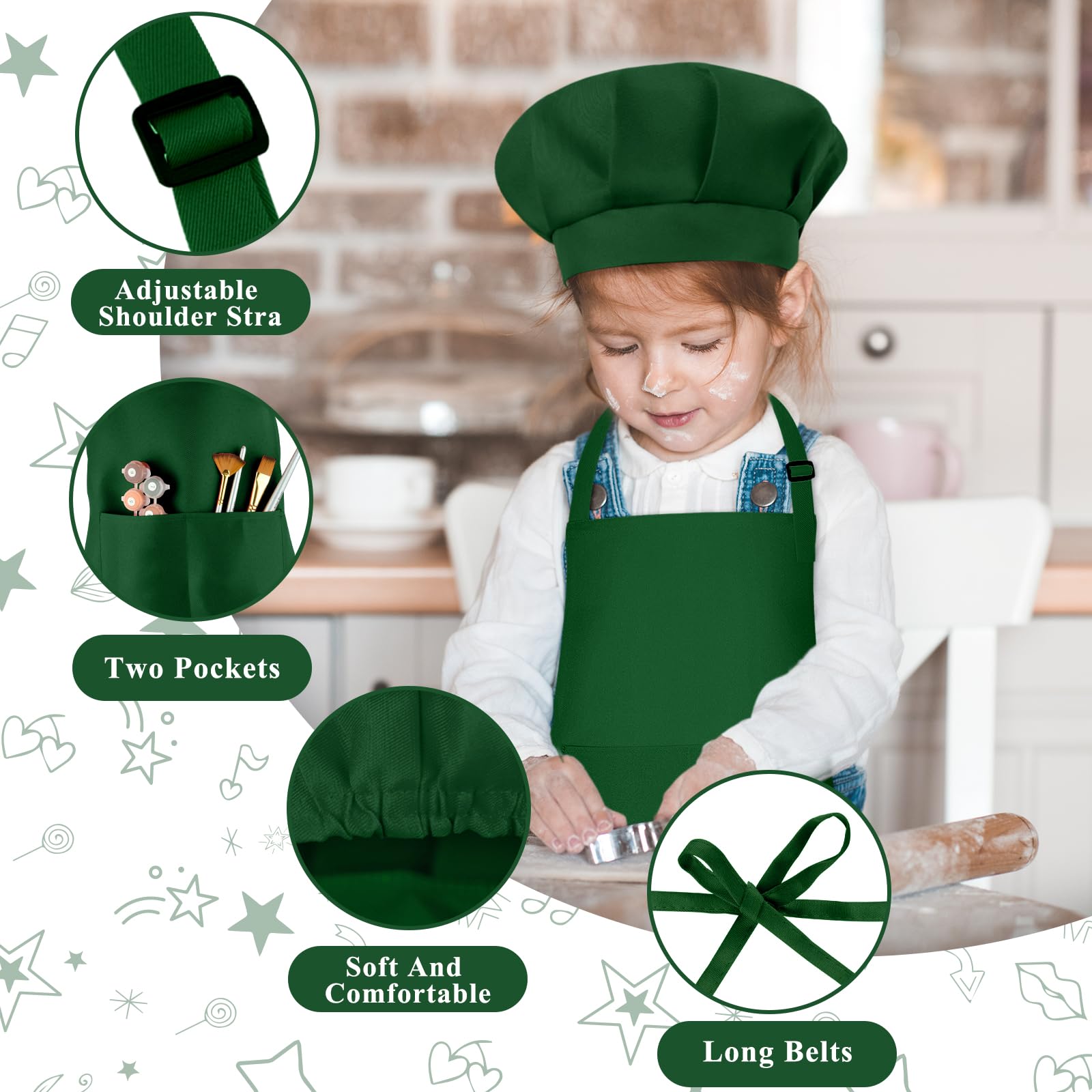 BOUBONI Kids Apron and Hat Set - Adjustable Art Apron with 2 Pockets and Toddler Chef Hat for Cooking Baking, Painting (Dark Green) - Image 3