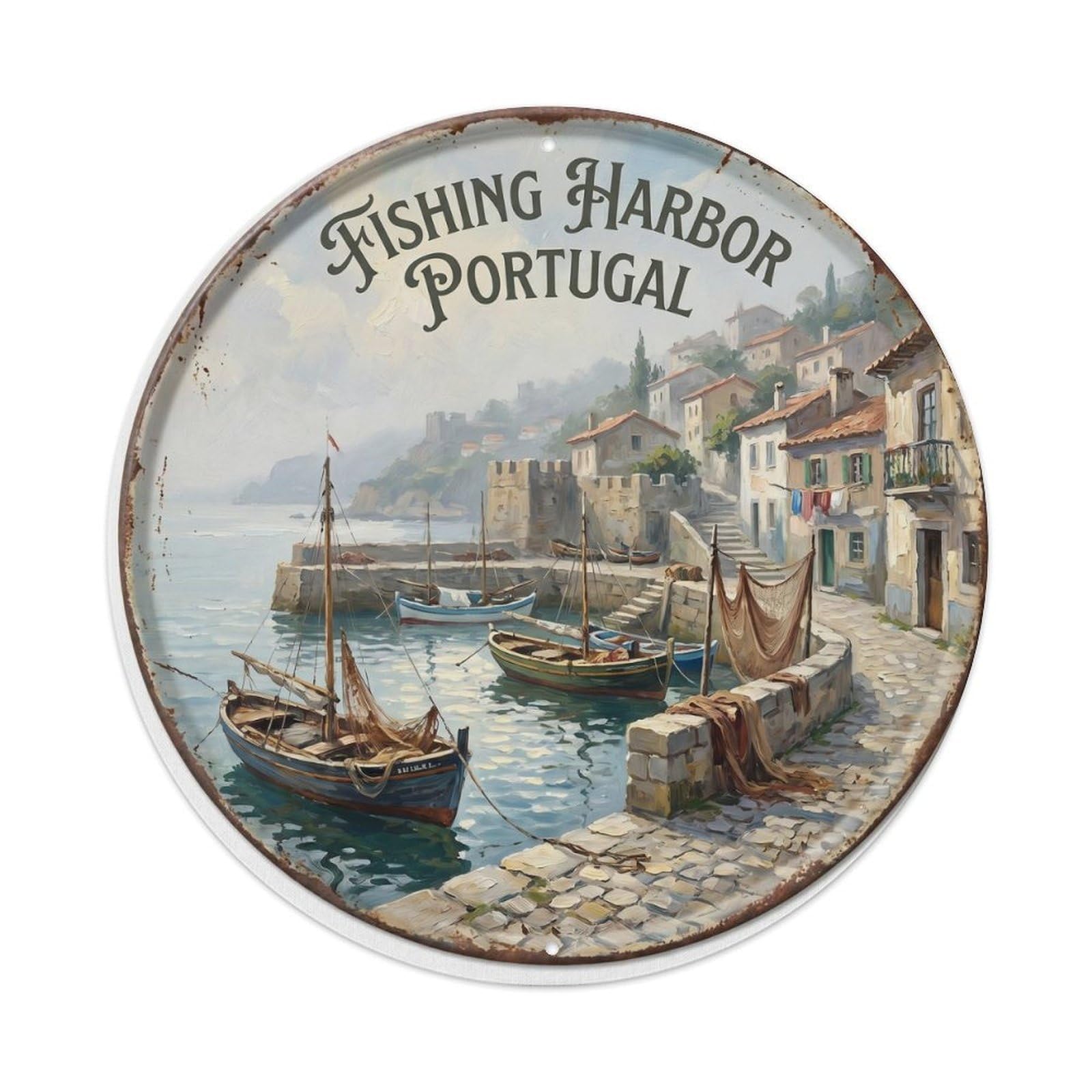 Vintage Travel Fishing Harbor Portugal Seaside Metal Tin Sign
