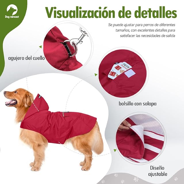 Foto 3 de 7 de Impermeable para Perros con Capucha y Collar Agujero y Tiras reflectoras seguras