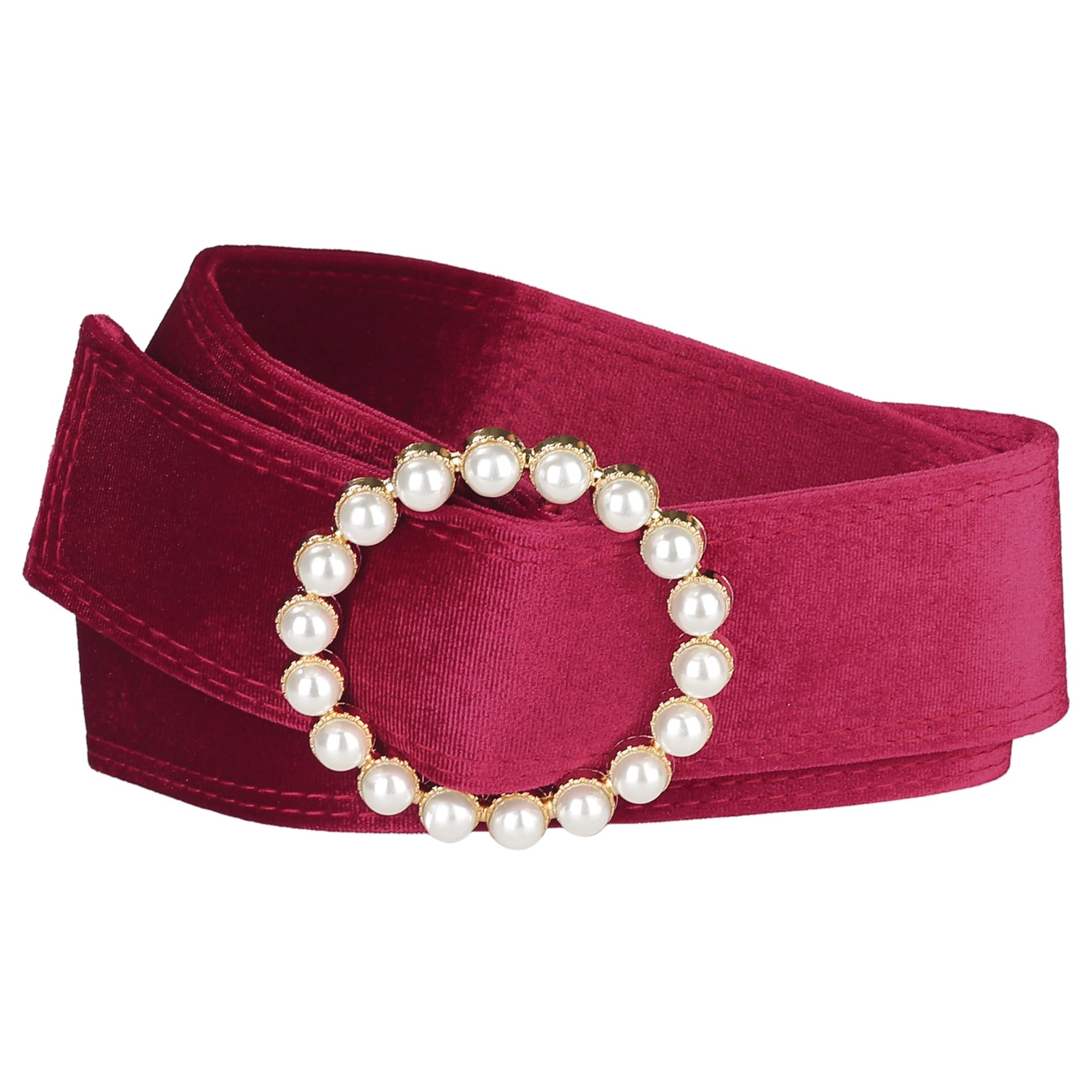 Elerevyo Women Plus Size Faux Pearl Buckle Waist Belt, Vintage Velvet Wide Cinch Belts Waistband for Dress Wine Red 65-82cm/25.59-32.28"