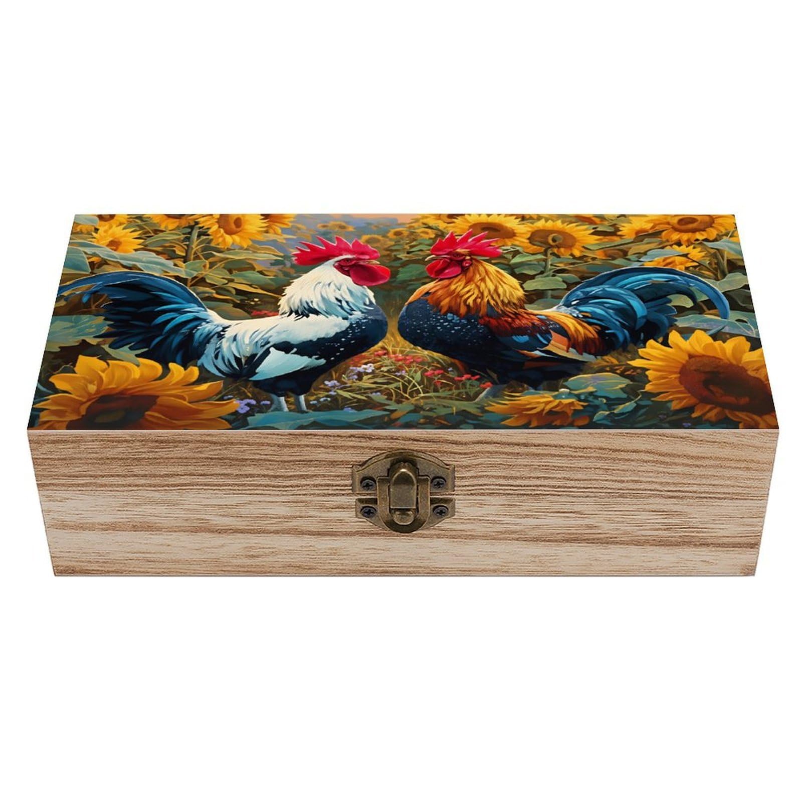 SMAZDFXX Sunflower Field Roosters Wooden Keepsake Box Vintage Solid Wood with Hinged Lid 7.9"×3.7"×2.3" Metal Latch Rustic Home Decor for Jewelry Photos And Trinkets