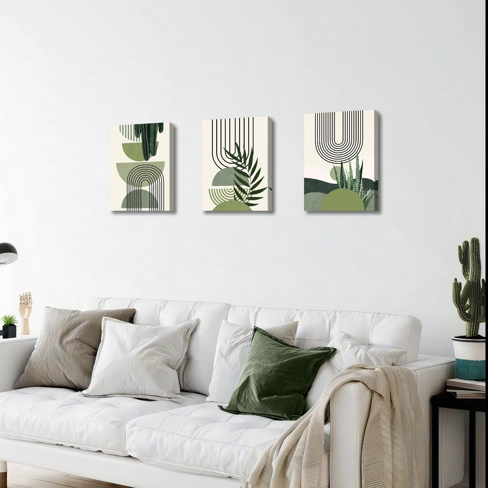 3 Pcs Wooden Framed Canvas Wall Art Set Bohemian Sage Green Canvas Prints Poster Geometric Line Beige Green Pictures for Living Room Bedroom Dinning Room Hallway Stairs Wall Decor 30x40cm x3pcs — view 4