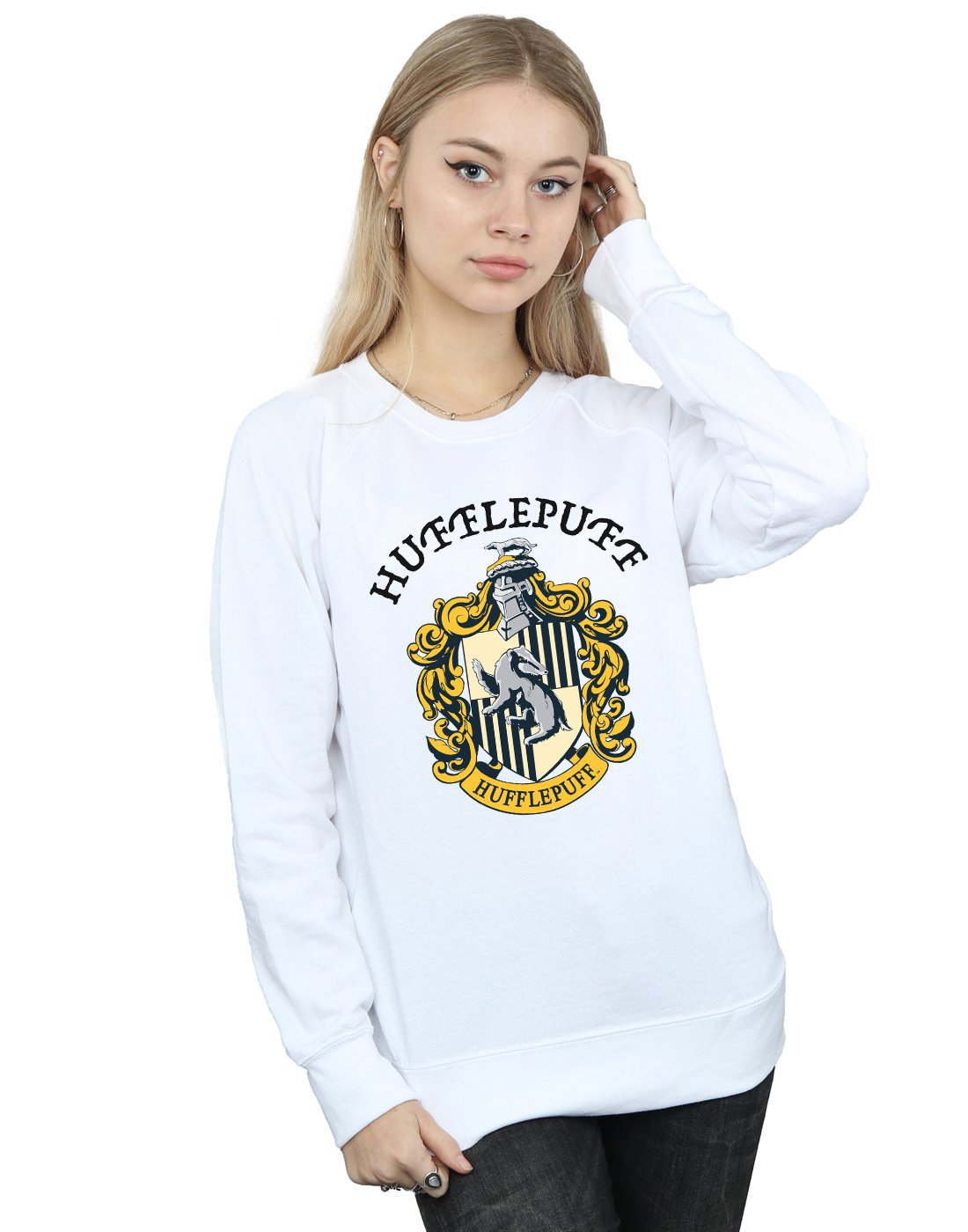 Absolute Cult Women's White Harry Potter Hufflepuff Crest Sweatshirt Large