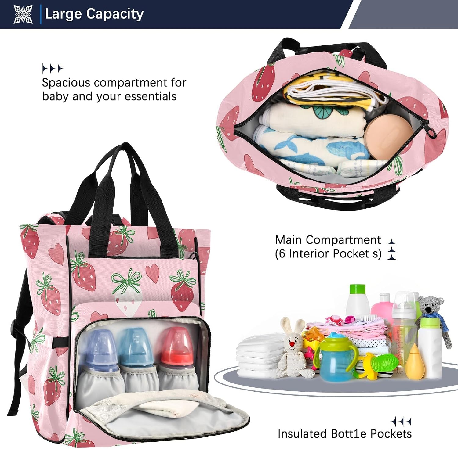 Bolaz Strawberry Bow Heart Diaper Bag Backpack Tote Multifunction Baby Nappy Changing Bags Large with Stroller Straps Travel