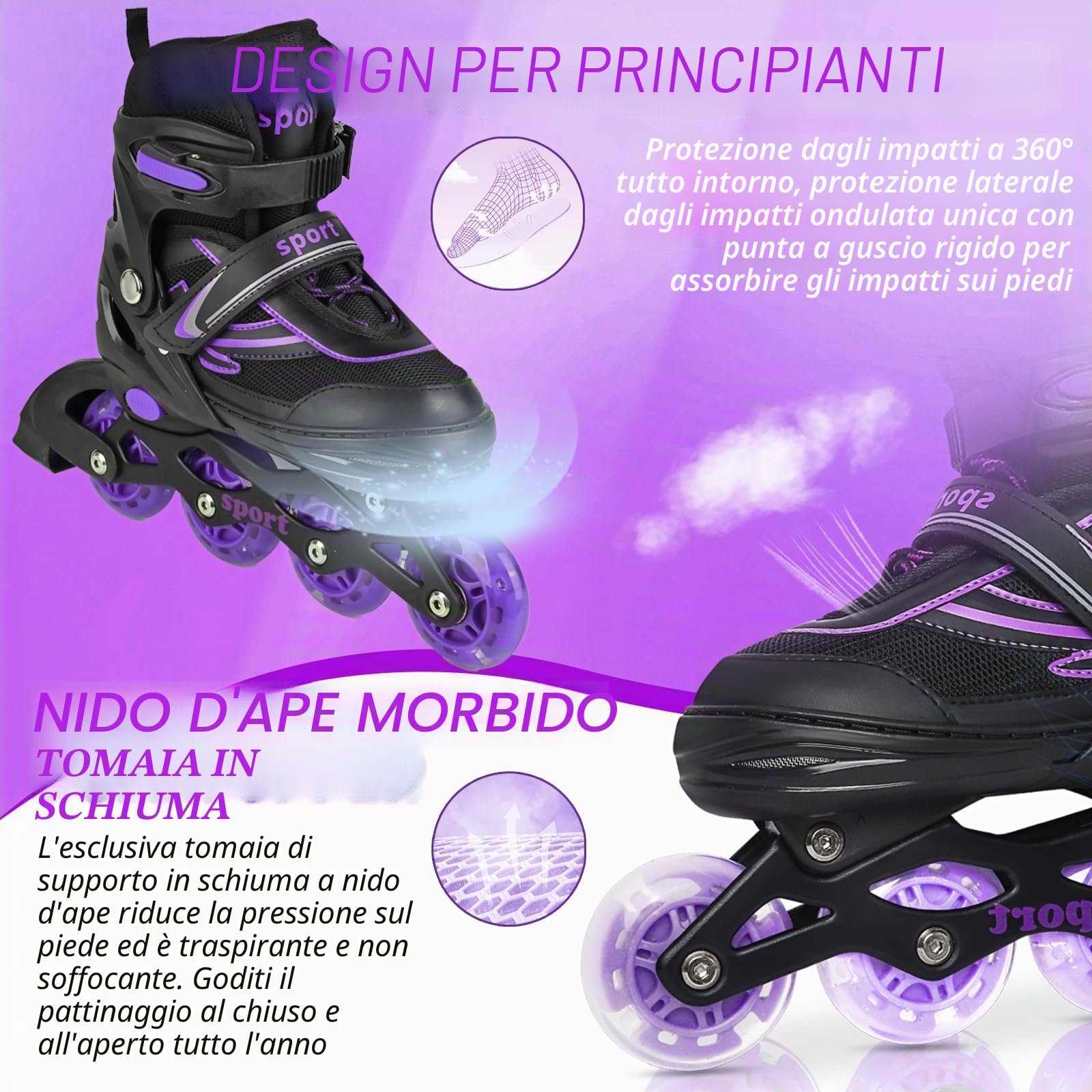 Pattini in linea regolabili per bambini ragazze ragazzi principianti, Pattini a rotelle per bambino e adolescente per lo sport viola e blu