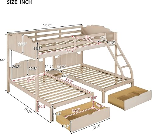 Miniatura 2 de DEINPPA Litera triple de terciopelo con cabecera tapizada litera matrimonial sobre individual y individual con 2 cajones para niños niñas