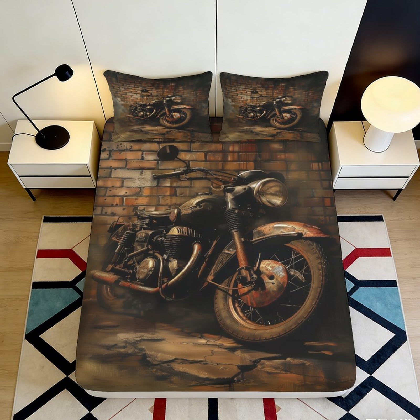 3D Printed Vintage Motorbike Fitted Sheet Microfiber Deep Pocket Elastic Hem Bedroom Bedding Motorbike Mattress Fitted Cover 200x200x25cm