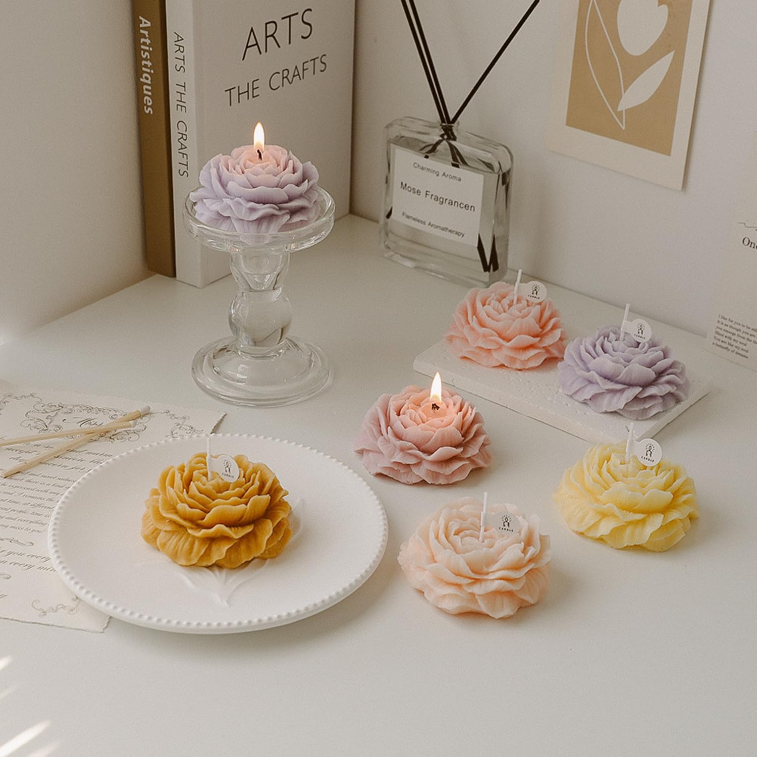 Peony Rose Candles,Handmade Aroma Soy Wax Decorative Candle for Table Photo Prop Birthday Gift,Prefect for Meditation Stress Relief Mood Boosting Bath Yoga, Pink