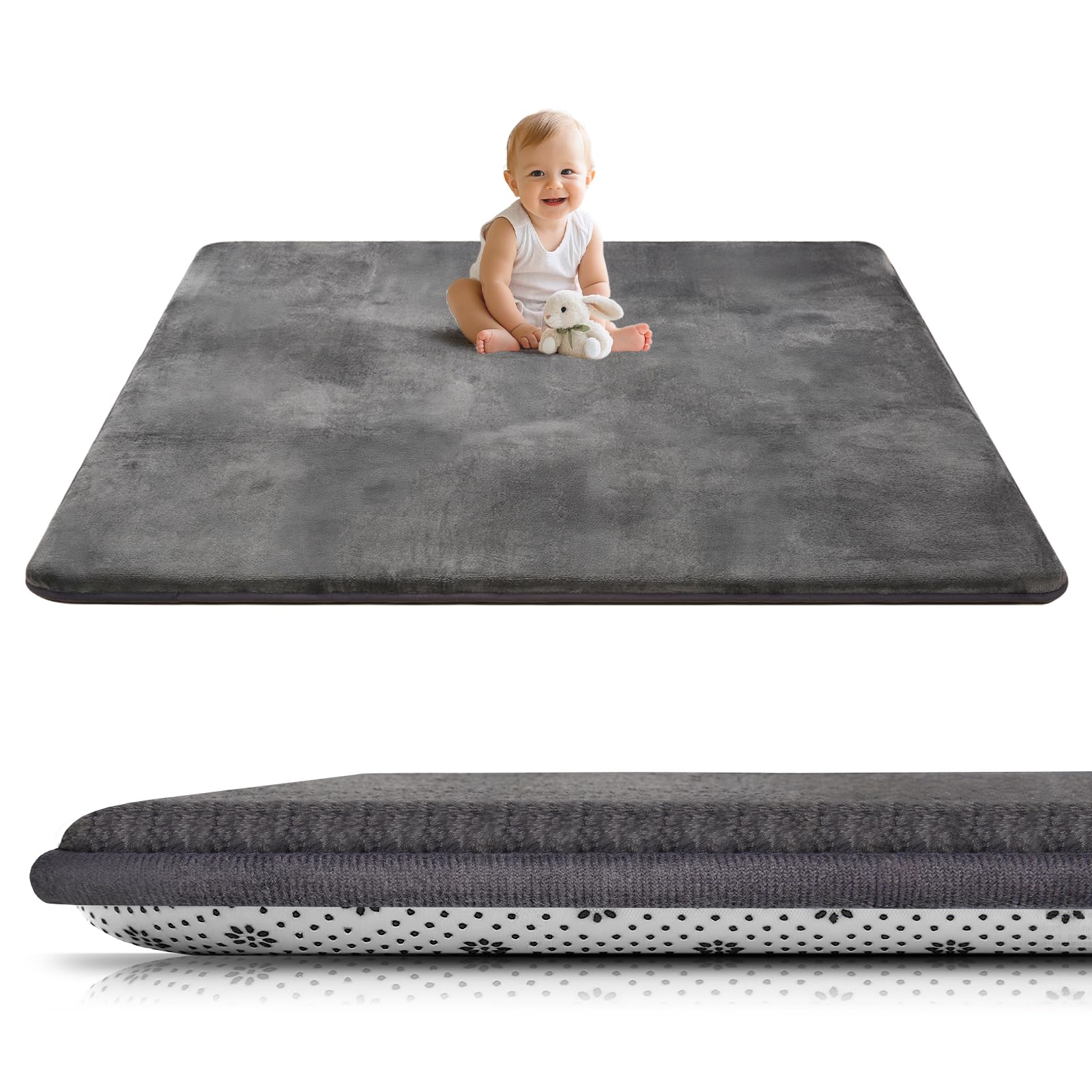 Tuocal Krabbelmatte Baby 127×127cm, 3cm Dicke Schaumstoff Spielmatte, Ultraweiche Stütze Plüschiges Gefühl Teppich Kinderzimmer, Pflegeleichte Krabbeldecke Baby mit Rutschfester Unterseite, Dunkelgrau