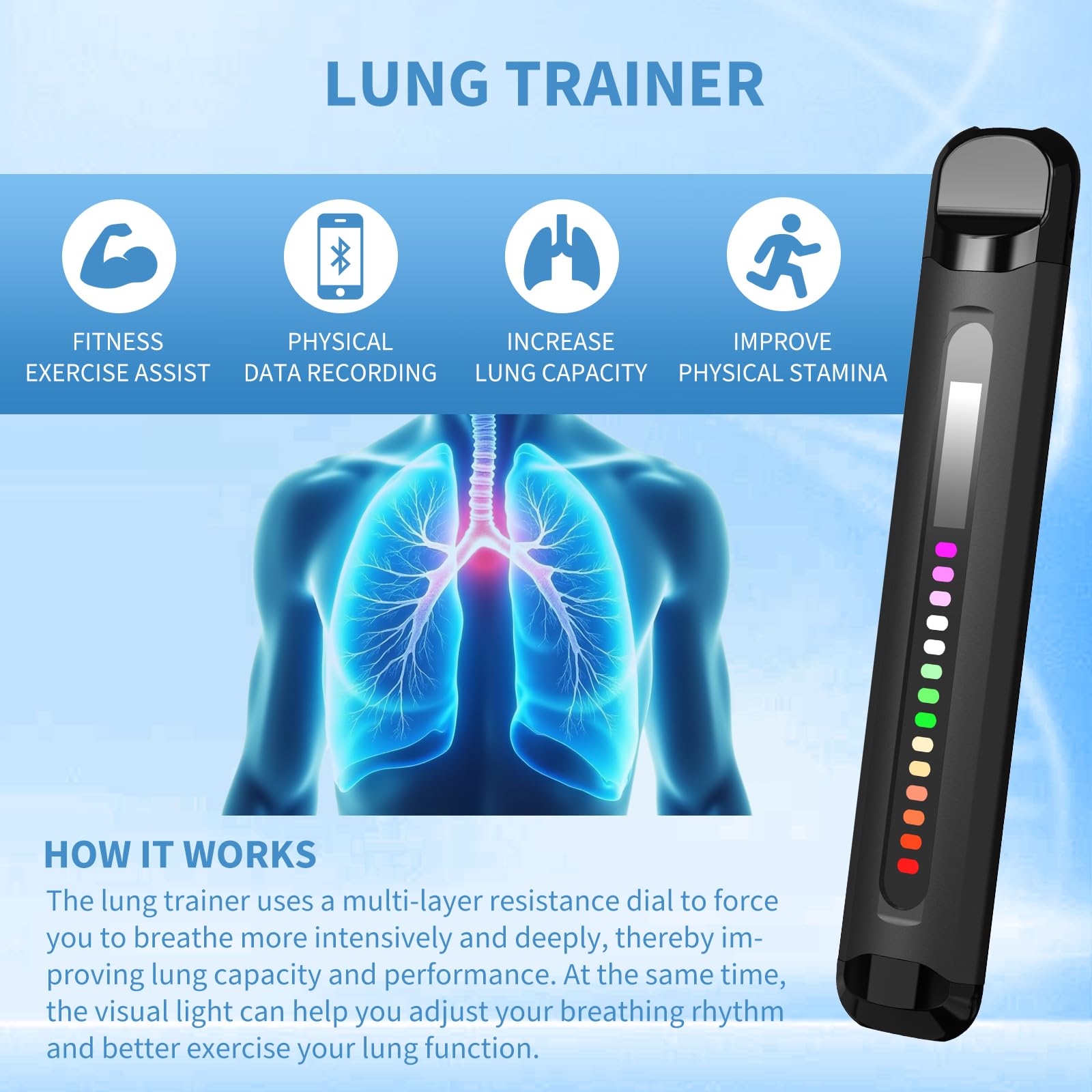 FEELLIFE Appareil d'exercice Respiratoire, Appareil d'exercice Pulmonaire, appareil de test de la fonction pulmonaire, compteur de volume pulmonaire numérique LCD Air Fit 1