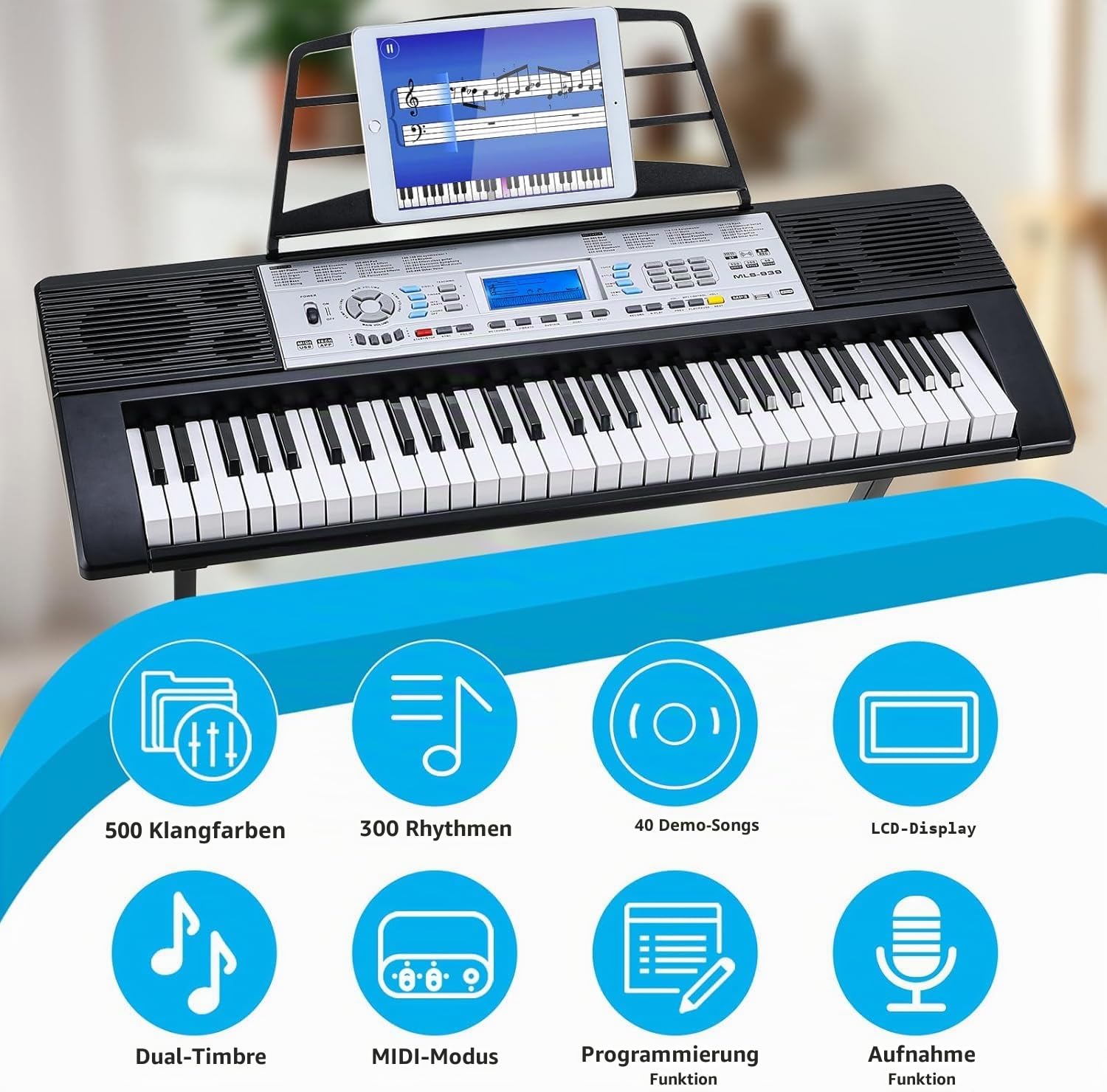 LIFERUN Keyboard Piano 61 Tasten, Digital Klavier-Keyboard Set, mit Ständer, Hocker, 500 Sounds & 3-stufiger Lehrmodus,Doppellautsprechern,LCD-Bildschirm, Electronic Keyboards kinder