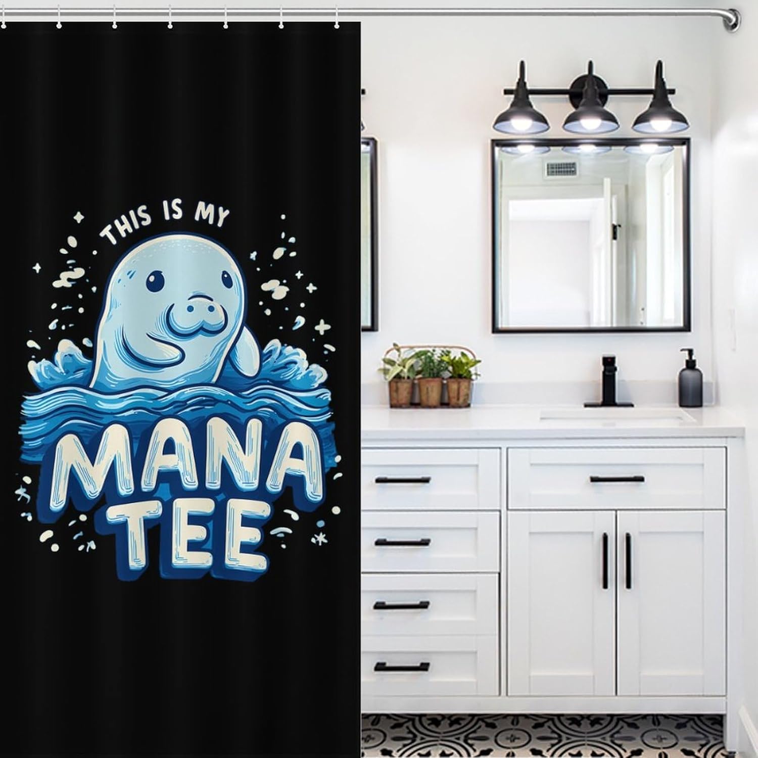 Cartoon Manatees Bathroom Shower Curtain Print Background with Hooks Bath Bathtub Decor