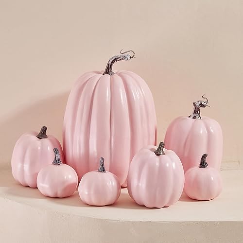 Vista 2 de BULINGNA 7 calabazas artificiales para decoración de Halloween, espuma de simulación de cosecha de otoño, calabazas para Halloween, Acción de Rosa
