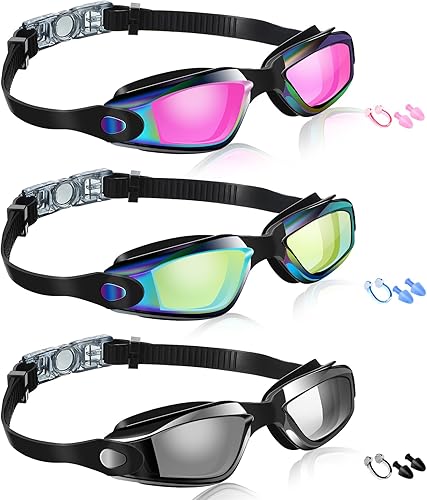 Flutesan Paquete de 3 gafas de natación antivaho, gafas de natación de silicona ajustables con clip para la nariz y tapones para los oídos, para